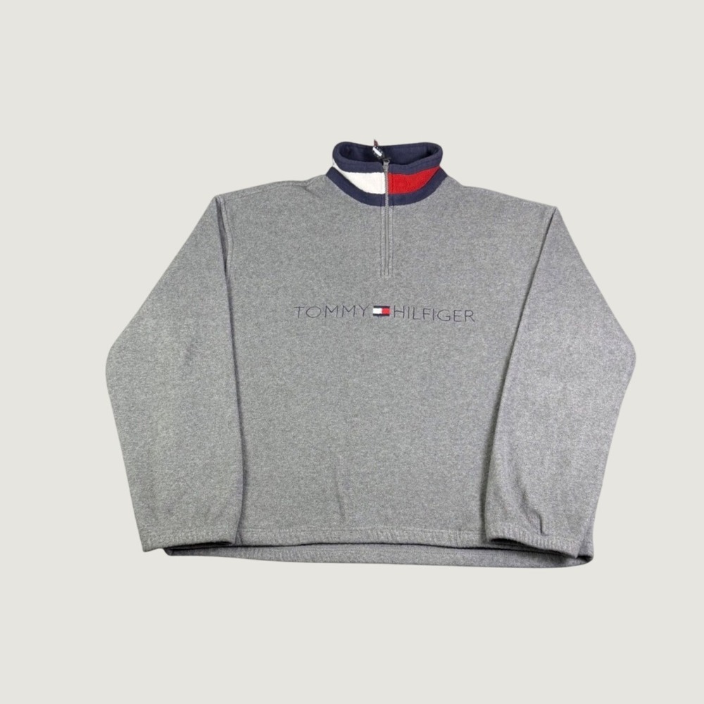 Vintage Tommy Hilfiger Quarter Zip Fleece Pullover Gray XXL Striped Collar